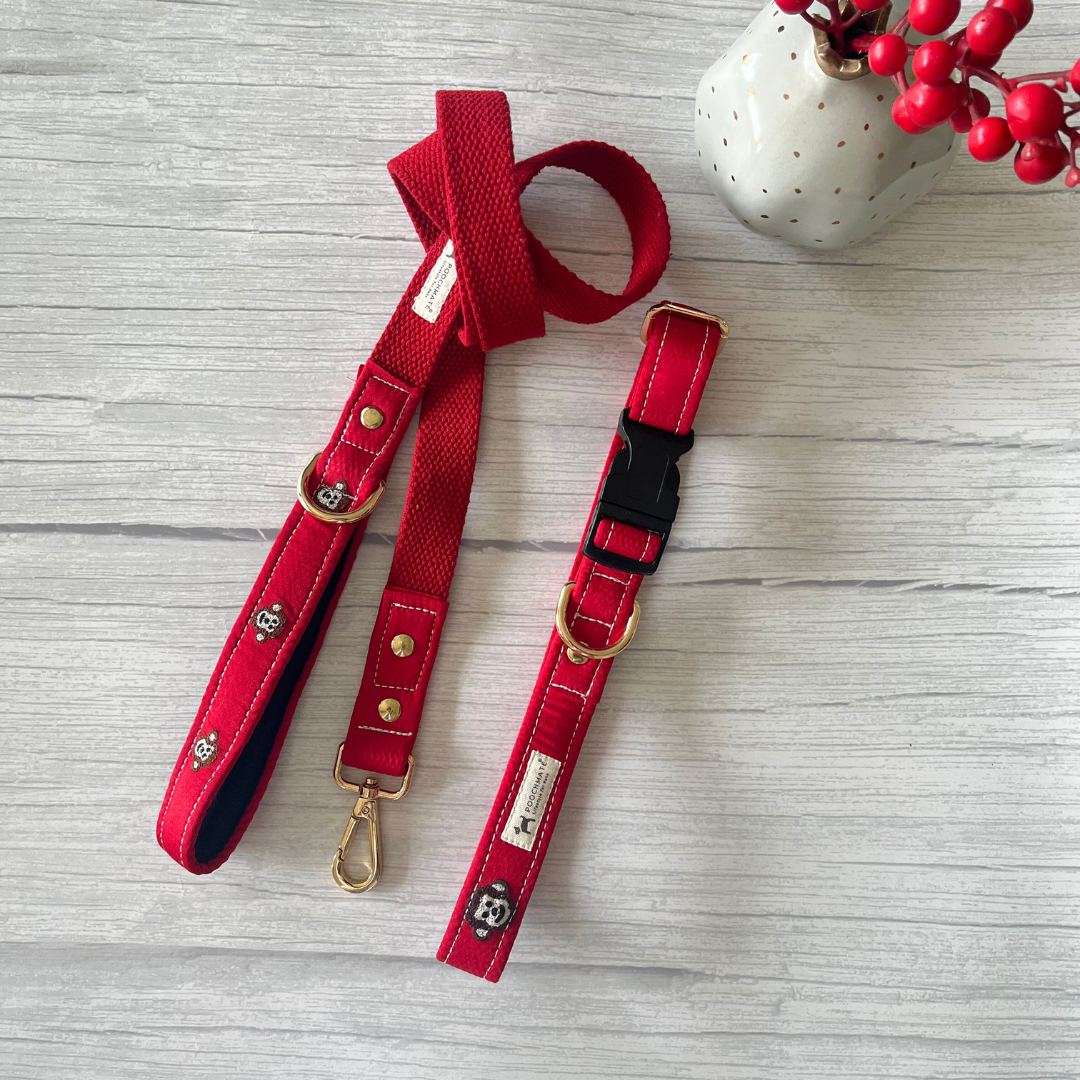 Red Dog Collar | Dog Collar leash Set | Dog Poop Bags