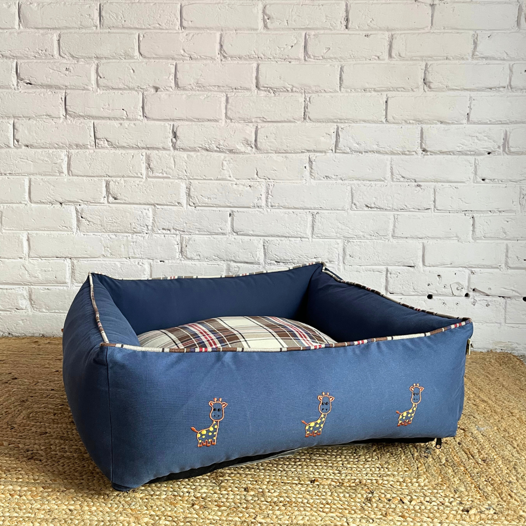 PoochMate OAK 3.0 :  Little Dinos Blue & Beige Bolster Dog Bed : Small