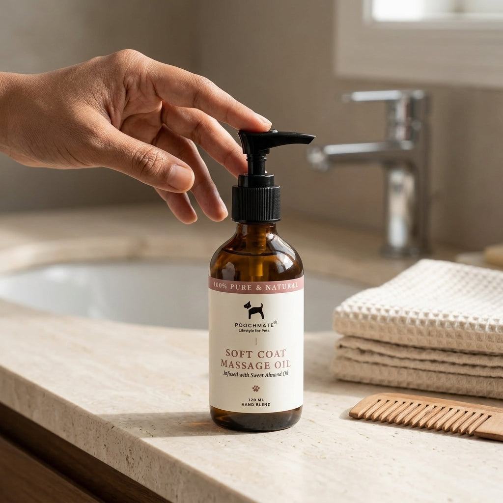 Massage oil for dogs | Natural dog rooming | Dog grooming products | Oil for soft coat in Dogs | PoochMate UAE