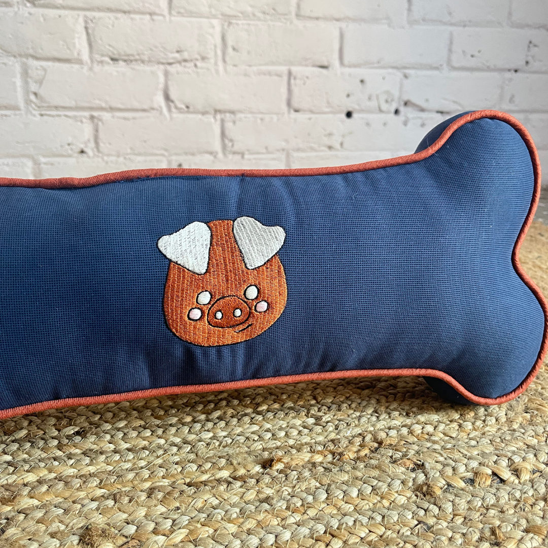PoochMate OAK 3.0 : Blue & Rust Bone Pillow with Pig